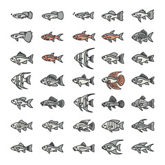 Obraz premium Collection of diverse aquarium fish illustrations, showcasing various species and colors in a clean, modern style.