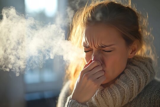 Woman grimacing in distaste while investigating a foul odor emanating from her home