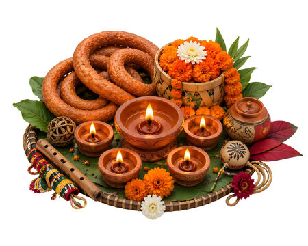 Traditional Tihar Festival Puja Thali with Selroti and Diya Lamps