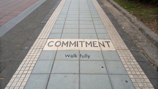 Inspirational pavement design featuring word commitment and motivational phrase walk fully in urban setting