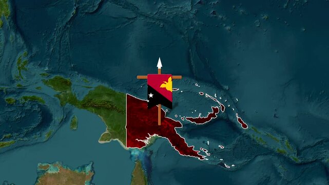 animated map of Papua New Guinea with flag and spear motion graphics clip
