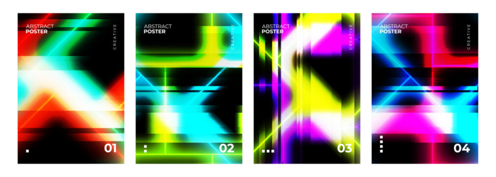 Abstract Posters Collection. Bright blurred neon gradient light effect and glitch aesthetic. Creative graphic designs collection. Vector illustration.