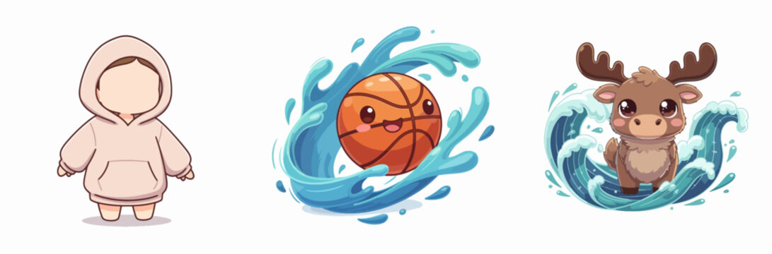 Cartoon character trio with basketball and moose in water splash