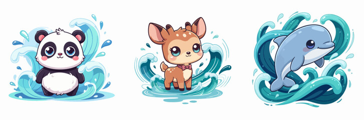 Naklejka premium Cartoon animals swimming in water waves with playful expressions