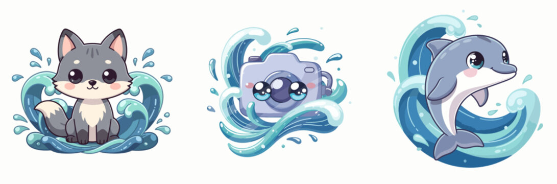 Cute cartoon underwater trio with cat, camera, and dolphin