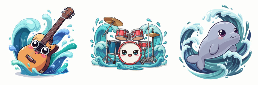 Whimsical cartoon guitar, drum set, and dolphin underwater music trio