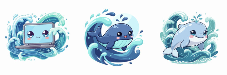 Naklejka premium Cartoon dolphin and laptop surfing underwater waves illustration