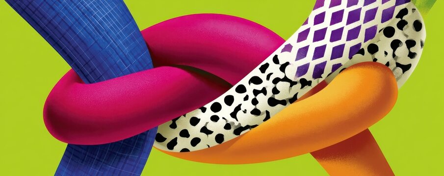 Vibrant abstract knot with colorful textured tubes and bold patterns on lime green background