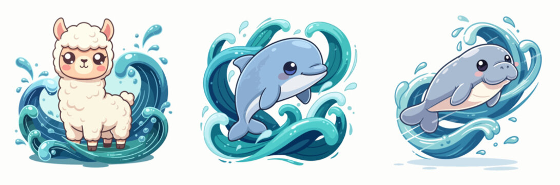 Whimsical Cartoon Animals Surrounded by Ocean Waves