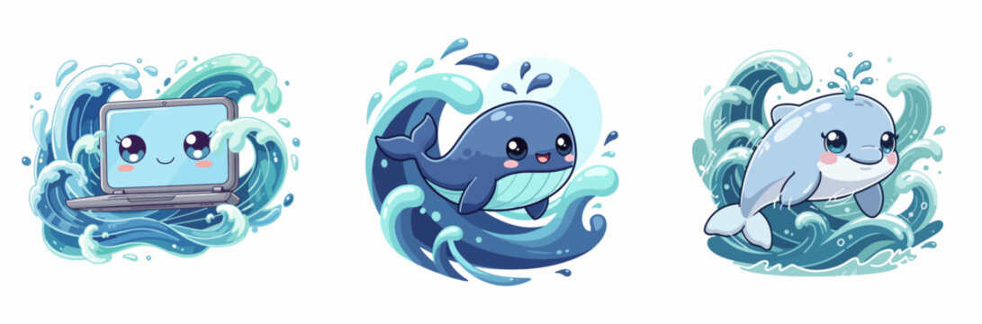 Cartoon dolphin and laptop surfing underwater waves illustration