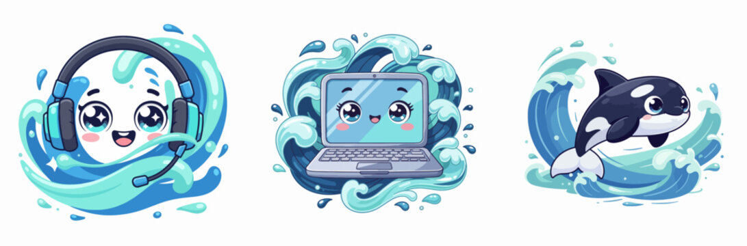 Cartoon underwater characters with headset, laptop, and orca whale