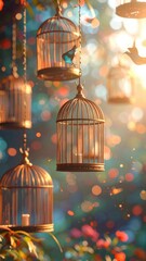 Obraz premium Enchanting Vintage Bird Cages Hanging Outdoors.