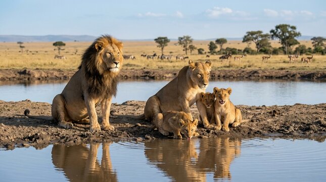 Lion family resting by savannah waterhole on sunny day