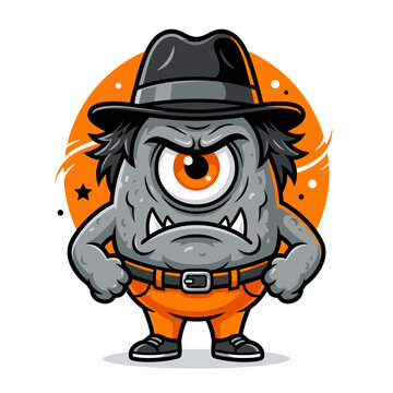 Cartoon monster with one eye, wearing a hat and orange pants