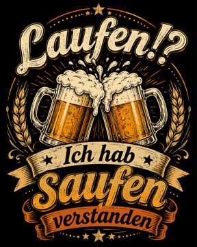 Vintage Beer Cheers Emblem with Clinking Mugs, Hops, Wheat and German Quote Typography