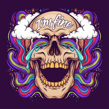 Psychedelic Skull Illustration with Rainbow Tears, Clouds and Colorful Pop Art Lettering