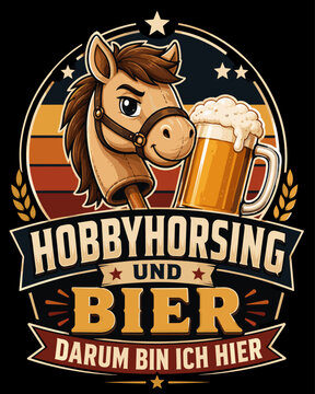 Funny Hobby Horsing and Beer Mascot Logo with Cartoon Horse Head and Foaming Mug