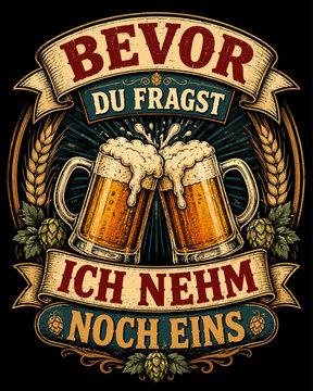 Funny German Beer Cheers Typography with Clinking Mugs, Wheat and Retro Tavern Banner Design