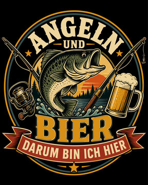 Fishing and Beer Logo with Jumping Bass, Rods, Lake Landscape and Vintage Outdoor Badge