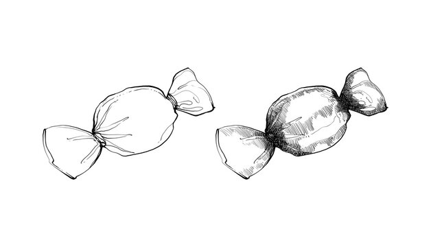 Hand drawn sketch of a candy with plastic cover using two style of drawing, line art and shading 