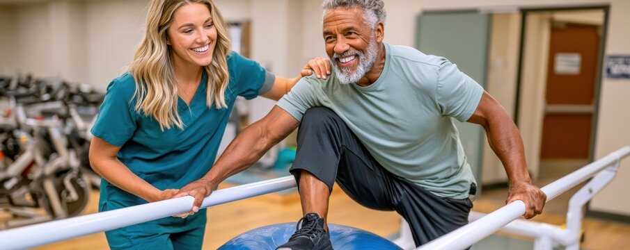 Older man undergoing physical therapy with smiling therapist using balance ball and parallel bars during rehabilitation session