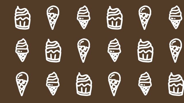 Seamless pattern of hand-drawn ice cream cones and sundae cups on a brown background animation for a sweet summer dessert line art wallpaper. Seamless looping.