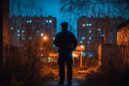 Nighttime Security Guard Patrols Building Perimeter with Flashlight