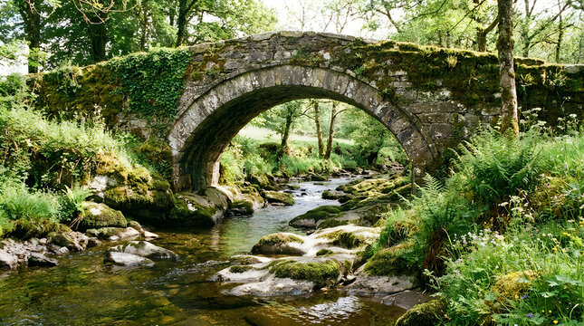 Ancient stone arch bridge over a mossy stream in a lush forest