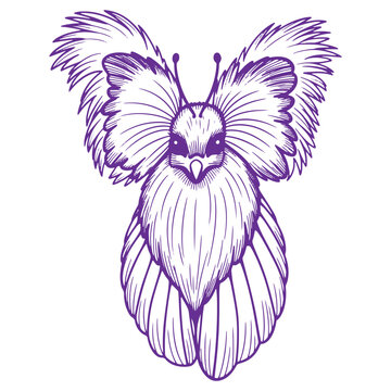 Purple line art illustration of a moth with large wings and antennae isolated on transparent background