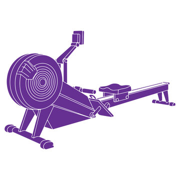 Rower machine for fitness and exercise illustrated in purple color on transparent background