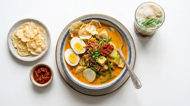 A beautiful high-angle shot of a bowl of Indonesian lontong sayur curry with two hard-boiled egg halves, served with crispy emping melinjo crackers, spicy sambal, and a glass of sweet es cendol.