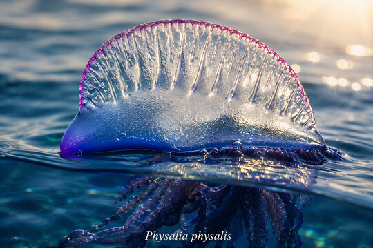 A purple and blue physalia physalis, or Portuguese man o' war, floats on the ocean surface.