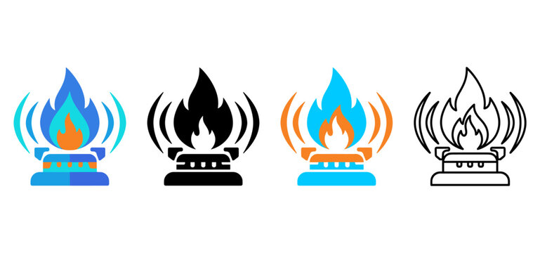 Gas Production Icon with Flame Burner, Gas Flow and Energy Symbols in Flat, Silhouette, Outline and Glyph Design