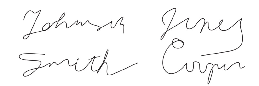 Set of hand drawn fake signatures or autographs for Johnson, Jones, Cooper and Smith. Vector illustration of sample fictitious signs on white bg.