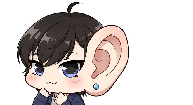 Cartoon boy with oversized ear listening.