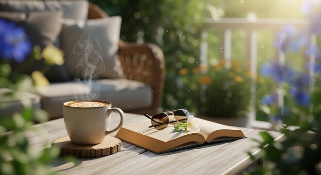 Relaxing outdoor scene with coffee book and sunglasses on a wooden table