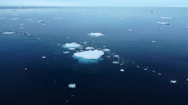 Aerial view of melting ice floes slowly drifting on cold arctic ocean water