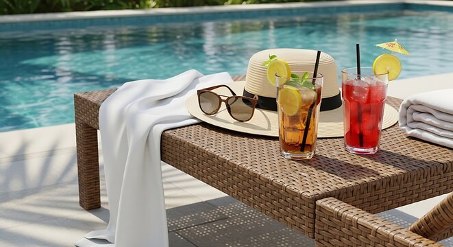 Relaxing poolside scene with drinks hat sunglasses and towel composition