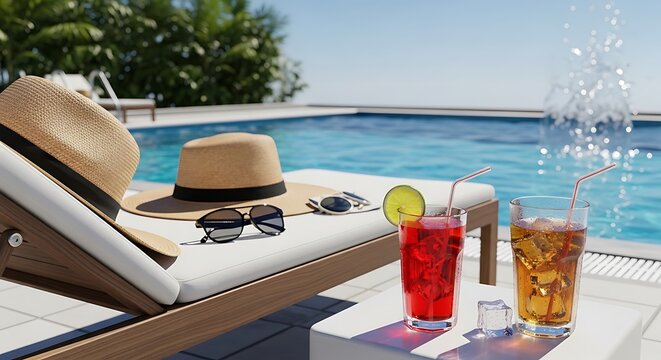 Relaxing scene of a poolside with drinks sunglasses and hat under sunlight