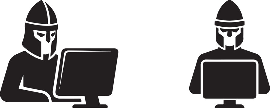 Gladiator icon set sitting at computer screens working in modern digital environment with gladiator