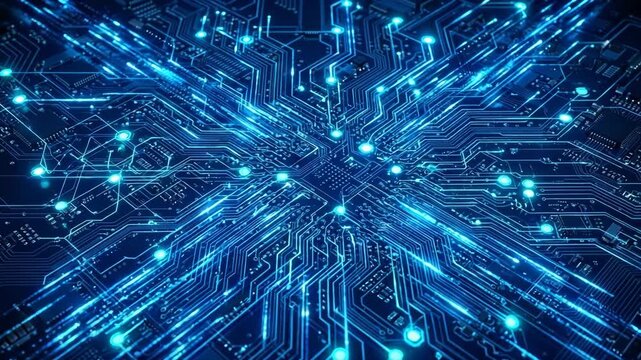 Abstract glowing blue circuit board with intricate pathways and nodes