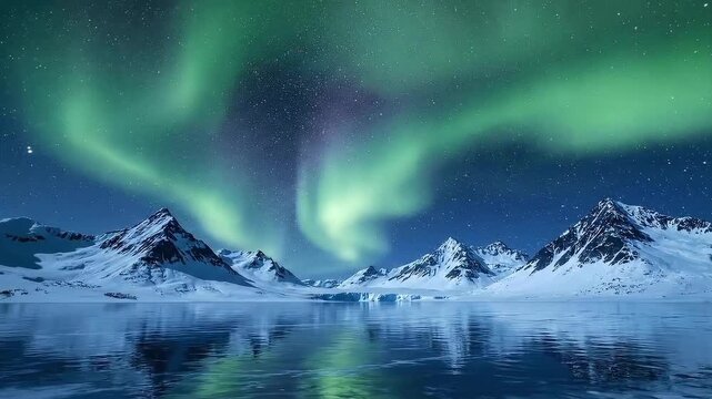 A breathtaking video of the aurora borealis dancing above snow-capped mountains and a serene lake at night