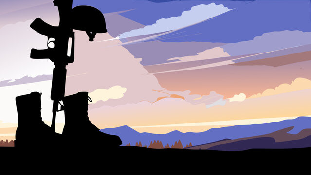 Memorial silhouette of boots and rifle at sunset with mountains