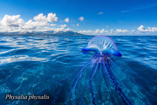 A blue and purple physalia physalis siphonophore floats in clear, sunlit ocean water under a bright sky.