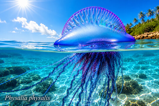 A vibrant blue and purple jellyfish, Physalia physalis, floats at the surface of clear tropical ocean water.