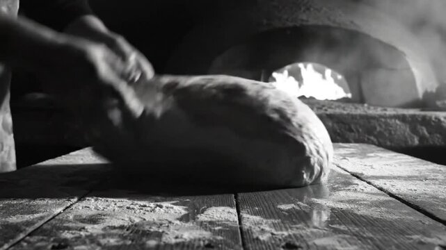 Artisanal baker kneading dough on a wooden surface with a traditional oven in the background ready to bake bread