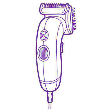 Electric hair trimmer or clipper with comb attachment and power button isolated on transparent background