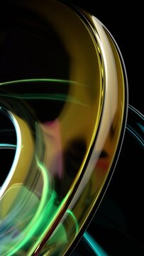 Abstract iridescent glass curved shapes on a black background, vertical 3d render