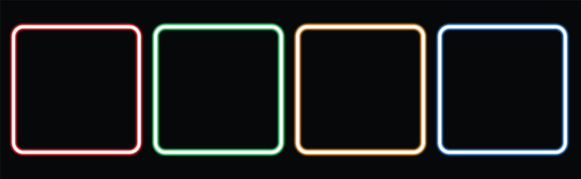 Set of four colorful neon square borders isolated on black backdrop