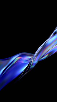 Abstract minimalist glass wavy line on a black background with color refraction effect, vertical 3d render